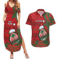 Guam Christmas Couples Matching Summer Maxi Dress and Hawaiian Shirt Chamorro Seal Hat Santa Tribal Waves DT05 Red - Polynesian Pride