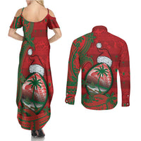 Guam Christmas Couples Matching Summer Maxi Dress and Long Sleeve Button Shirt Chamorro Seal Hat Santa Tribal Waves DT05 - Polynesian Pride