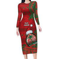 Guam Christmas Family Matching Long Sleeve Bodycon Dress and Hawaiian Shirt Chamorro Seal Hat Santa Tribal Waves DT05 Mom's Dress Red - Polynesian Pride