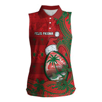 Guam Christmas Women Sleeveless Polo Shirt Chamorro Seal Hat Santa Tribal Waves DT05 Female Red - Polynesian Pride