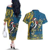 Nauru Christmas Couples Matching Off The Shoulder Long Sleeve Dress and Hawaiian Shirt Frigatebird Bird Santa Tribal Waves DT05 - Polynesian Pride