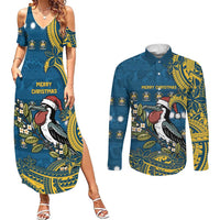 Nauru Christmas Couples Matching Summer Maxi Dress and Long Sleeve Button Shirt Frigatebird Bird Santa Tribal Waves DT05 Deep Blue - Polynesian Pride