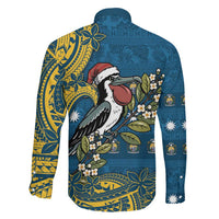 Nauru Christmas Family Matching Off The Shoulder Long Sleeve Dress and Hawaiian Shirt Frigatebird Bird Santa Tribal Waves DT05 - Polynesian Pride