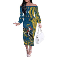 Nauru Christmas Family Matching Off The Shoulder Long Sleeve Dress and Hawaiian Shirt Frigatebird Bird Santa Tribal Waves DT05 Mom's Dress Deep Blue - Polynesian Pride