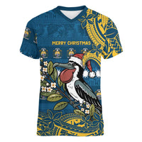 Nauru Christmas Women V-Neck T-Shirt Frigatebird Bird Santa Tribal Waves DT05 Female Deep Blue - Polynesian Pride