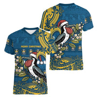 Nauru Christmas Women V-Neck T-Shirt Frigatebird Bird Santa Tribal Waves DT05 - Polynesian Pride