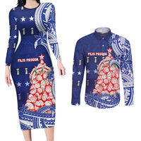Northern Mariana Islands Christmas Couples Matching Long Sleeve Bodycon Dress and Long Sleeve Button Shirt Seashell Xmas Tree Tribal Waves DT05 Navy - Polynesian Pride