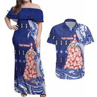 Northern Mariana Islands Christmas Couples Matching Off Shoulder Maxi Dress and Hawaiian Shirt Seashell Xmas Tree Tribal Waves DT05 Navy - Polynesian Pride