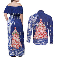 Northern Mariana Islands Christmas Couples Matching Off Shoulder Maxi Dress and Long Sleeve Button Shirt Seashell Xmas Tree Tribal Waves DT05 - Polynesian Pride