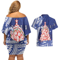 Northern Mariana Islands Christmas Couples Matching Off Shoulder Short Dress and Hawaiian Shirt Seashell Xmas Tree Tribal Waves DT05 - Polynesian Pride