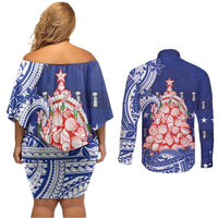Northern Mariana Islands Christmas Couples Matching Off Shoulder Short Dress and Long Sleeve Button Shirt Seashell Xmas Tree Tribal Waves DT05 - Polynesian Pride