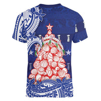 Northern Mariana Islands Christmas Women V-Neck T-Shirt Seashell Xmas Tree Tribal Waves DT05 - Polynesian Pride