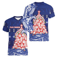 Northern Mariana Islands Christmas Women V-Neck T-Shirt Seashell Xmas Tree Tribal Waves DT05 - Polynesian Pride