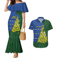 Solomon Islands Christmas Couples Matching Mermaid Dress and Hawaiian Shirt Seashell Xmas Tree Tribal Waves DT05 Navy - Polynesian Pride