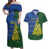 Solomon Islands Christmas Couples Matching Off Shoulder Maxi Dress and Hawaiian Shirt Seashell Xmas Tree Tribal Waves DT05 Navy - Polynesian Pride