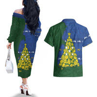 Solomon Islands Christmas Couples Matching Off The Shoulder Long Sleeve Dress and Hawaiian Shirt Seashell Xmas Tree Tribal Waves DT05 - Polynesian Pride