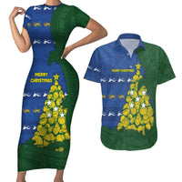 Solomon Islands Christmas Couples Matching Short Sleeve Bodycon Dress and Hawaiian Shirt Seashell Xmas Tree Tribal Waves DT05 Navy - Polynesian Pride