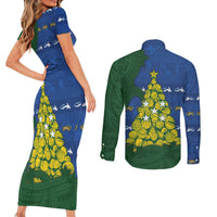 Solomon Islands Christmas Couples Matching Short Sleeve Bodycon Dress and Long Sleeve Button Shirt Seashell Xmas Tree Tribal Waves DT05 - Polynesian Pride