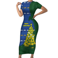 Solomon Islands Christmas Family Matching Short Sleeve Bodycon Dress and Hawaiian Shirt Seashell Xmas Tree Tribal Waves DT05 Mom's Dress Navy - Polynesian Pride