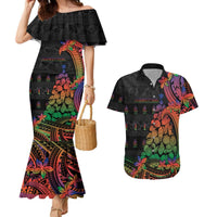 New Caledonia Christmas Couples Matching Mermaid Dress and Hawaiian Shirt Seashell Xmas Tree Tribal Waves DT05 Black - Polynesian Pride