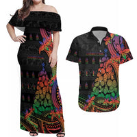 New Caledonia Christmas Couples Matching Off Shoulder Maxi Dress and Hawaiian Shirt Seashell Xmas Tree Tribal Waves DT05 Black - Polynesian Pride