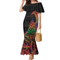 New Caledonia Christmas Family Matching Mermaid Dress and Hawaiian Shirt Seashell Xmas Tree Tribal Waves DT05 Mom's Dress Black - Polynesian Pride