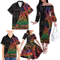 New Caledonia Christmas Family Matching Off The Shoulder Long Sleeve Dress and Hawaiian Shirt Seashell Xmas Tree Tribal Waves DT05 - Polynesian Pride