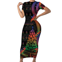 New Caledonia Christmas Family Matching Short Sleeve Bodycon Dress and Hawaiian Shirt Seashell Xmas Tree Tribal Waves DT05 Mom's Dress Black - Polynesian Pride