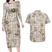 Hawaii Palaka Cowboy Couples Matching Long Sleeve Bodycon Dress and Hawaiian Shirt Shell Maile Lei With Western Patterns DT05 Beige - Polynesian Pride