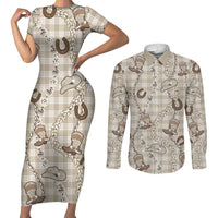 Hawaii Palaka Cowboy Couples Matching Short Sleeve Bodycon Dress and Long Sleeve Button Shirt Shell Maile Lei With Western Patterns - Polynesian Pride