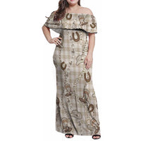 Hawaii Palaka Cowboy Family Matching Off Shoulder Maxi Dress and Hawaiian Shirt Shell Maile Lei With Western Patterns DT05 Mom's Dress Beige - Polynesian Pride