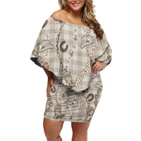 Hawaii Palaka Cowboy Family Matching Off Shoulder Short Dress and Hawaiian Shirt Shell Maile Lei With Western Patterns DT05 Mom's Dress Beige - Polynesian Pride