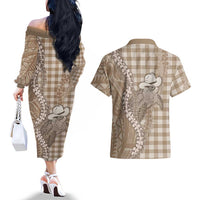 Beige Hawaii Palaka Cowboy Turtle Couples Matching Off The Shoulder Long Sleeve Dress and Hawaiian Shirt Hawaiian Paniolo Puakenikeni Maile Lei DT05 - Polynesian Pride