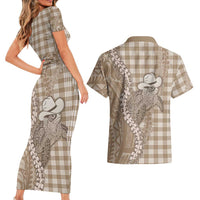 Beige Hawaii Palaka Cowboy Turtle Couples Matching Short Sleeve Bodycon Dress and Hawaiian Shirt Hawaiian Paniolo Puakenikeni Maile Lei DT05 - Polynesian Pride