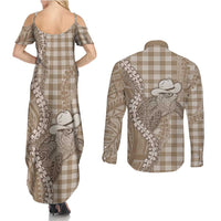 Beige Hawaii Palaka Cowboy Turtle Couples Matching Summer Maxi Dress and Long Sleeve Button Shirt Hawaiian Paniolo Puakenikeni Maile Lei DT05 - Polynesian Pride