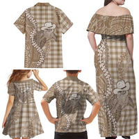 Beige Hawaii Palaka Cowboy Turtle Family Matching Off Shoulder Maxi Dress and Hawaiian Shirt Hawaiian Paniolo Puakenikeni Maile Lei DT05 - Polynesian Pride