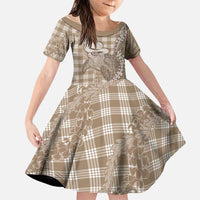 Beige Hawaii Palaka Cowboy Turtle Family Matching Off Shoulder Short Dress and Hawaiian Shirt Hawaiian Paniolo Puakenikeni Maile Lei DT05 Daughter's Dress Beige - Polynesian Pride