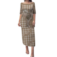 Beige Hawaii Palaka Cowboy Turtle Family Matching Puletasi and Hawaiian Shirt Hawaiian Paniolo Puakenikeni Maile Lei DT05 Mom's Dress Beige - Polynesian Pride