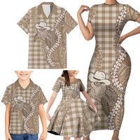 Beige Hawaii Palaka Cowboy Turtle Family Matching Short Sleeve Bodycon Dress and Hawaiian Shirt Hawaiian Paniolo Puakenikeni Maile Lei DT05 - Polynesian Pride