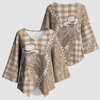 Beige Hawaii Palaka Cowboy Turtle Kimono Sleeve Blouse Hawaiian Paniolo Puakenikeni Maile Lei DT05 - Polynesian Pride