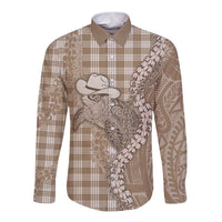 Beige Hawaii Palaka Cowboy Turtle Long Sleeve Button Shirt Hawaiian Paniolo Puakenikeni Maile Lei DT05 Unisex Beige - Polynesian Pride