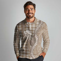 Beige Hawaii Palaka Cowboy Turtle Long Sleeve Polo Shirt Hawaiian Paniolo Puakenikeni Maile Lei DT05 - Polynesian Pride