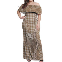 Beige Hawaii Palaka Cowboy Turtle Off Shoulder Maxi Dress Hawaiian Paniolo Puakenikeni Maile Lei DT05 Women Beige - Polynesian Pride