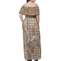 Beige Hawaii Palaka Cowboy Turtle Off Shoulder Maxi Dress Hawaiian Paniolo Puakenikeni Maile Lei DT05 - Polynesian Pride