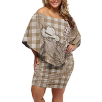 Beige Hawaii Palaka Cowboy Turtle Off Shoulder Short Dress Hawaiian Paniolo Puakenikeni Maile Lei DT05 Women Beige - Polynesian Pride