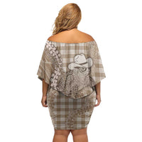 Beige Hawaii Palaka Cowboy Turtle Off Shoulder Short Dress Hawaiian Paniolo Puakenikeni Maile Lei DT05 - Polynesian Pride