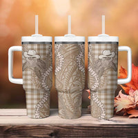 Beige Hawaii Palaka Cowboy Turtle Tumbler With Handle Hawaiian Paniolo Puakenikeni Maile Lei DT05 - Polynesian Pride