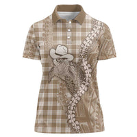 Beige Hawaii Palaka Cowboy Turtle Women Polo Shirt Hawaiian Paniolo Puakenikeni Maile Lei DT05 Female Beige - Polynesian Pride
