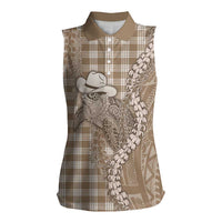 Beige Hawaii Palaka Cowboy Turtle Women Sleeveless Polo Shirt Hawaiian Paniolo Puakenikeni Maile Lei DT05 Female Beige - Polynesian Pride