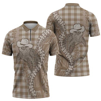 Beige Hawaii Palaka Cowboy Turtle Zipper Polo Shirt Hawaiian Paniolo Puakenikeni Maile Lei DT05 - Polynesian Pride